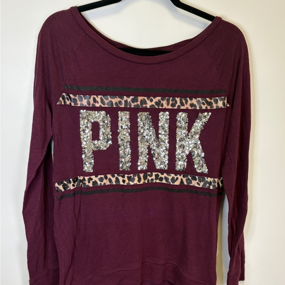 PINK Victoria's Secret Maroon Sweatshirt with Leopard Accents